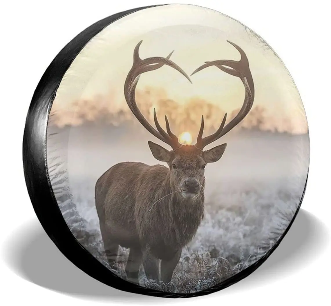 

Deer with Heart Shaped Spare Tire Cover Waterproof Dust-Proof UV Sun Wheel Tire Cover Fit for Jeep,