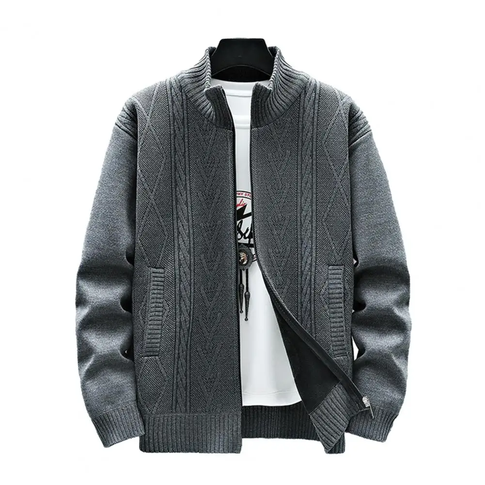 

Solid Color Cardigan Coat Stand Collar Cardigan Jacket Stylish Men's Knitted Cardigan Coat Warm Zip-up Pockets for Fall Winter