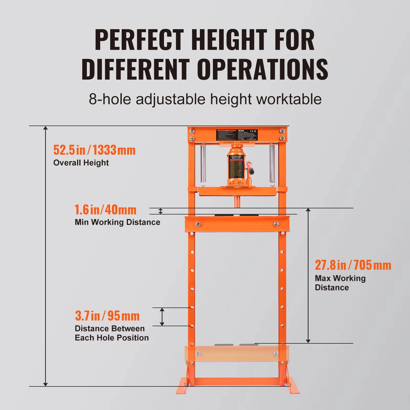 VEVOR 6/12 Ton Hydraulic H-Frame Garage Floor Adjustable Shop Press with Plates 6T/12T Orange for Garages or Professional Shops 5