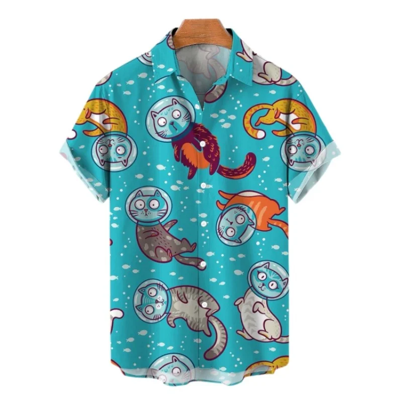 Men's Oversized Cat Pattern Masculina Summer Hawaiian Shirts Social Floral Camisa Cartoon Men