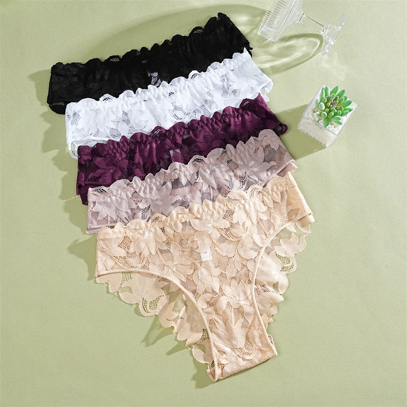 2Pcs Women's Satin Floral Lace Underwear Sexy Hollow Out Panties Solid Low-Waist Perspective Briefs Girls Soft Lingerie