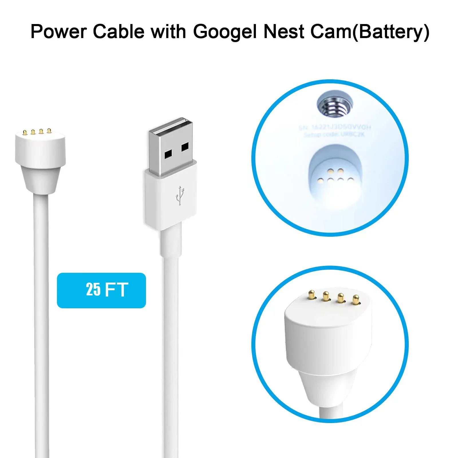 25ft/7.6m Weatherproof Charge Cable for Google Nest Cam camera (battery) outdoor (White)