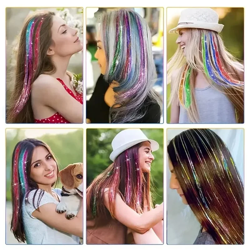Shiny Sparkle Hair Tinsel Thin Colorful Rainbow Silk Hair Extensions Dazzles Women Hippie for Braiding Headdress