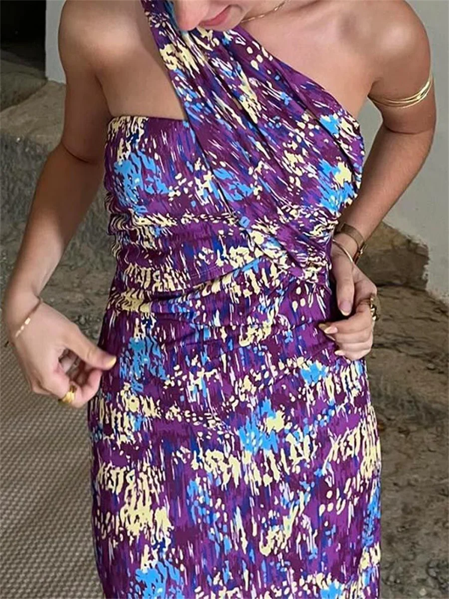 Women Fashion Multi-color Printed Flower Dress Sexy Sleeveless Midi Dresses Ladies Slim Elegant Birthday Party Club Sundress