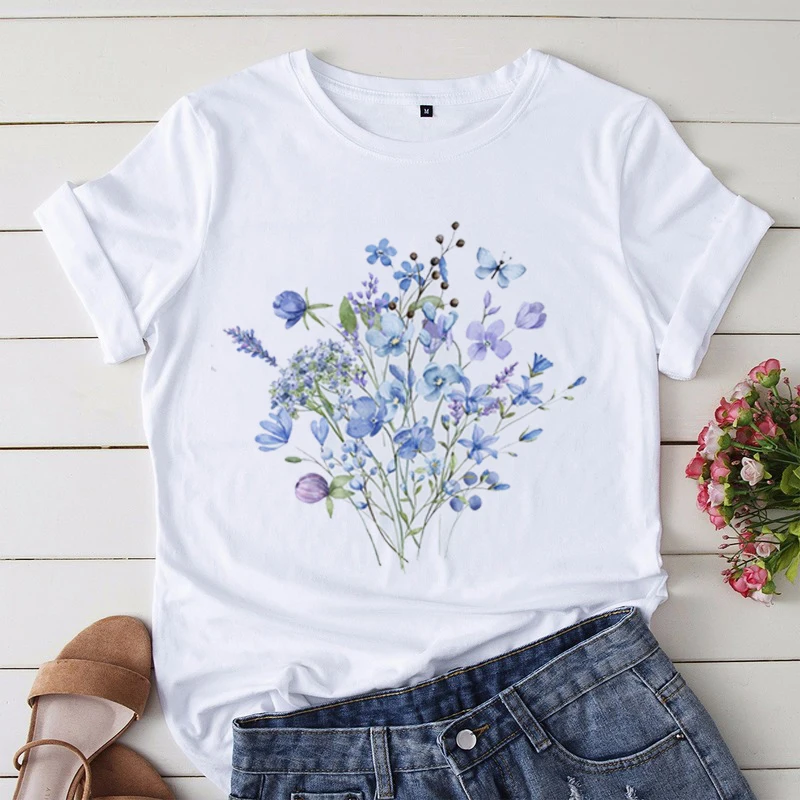 

Flower Watercolor Style 90s Sweet T-Shirt Women's Fashion Women's Casual Versatile Printed Pattern Short Sleeve Printed T-Shirt.