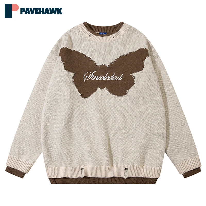 

Men Streetwear Oversized Sweater Distressed Butterfly Graphic Knitted Sweater Harajuku New Pullover Casual Unisex Hip Hop Loose
