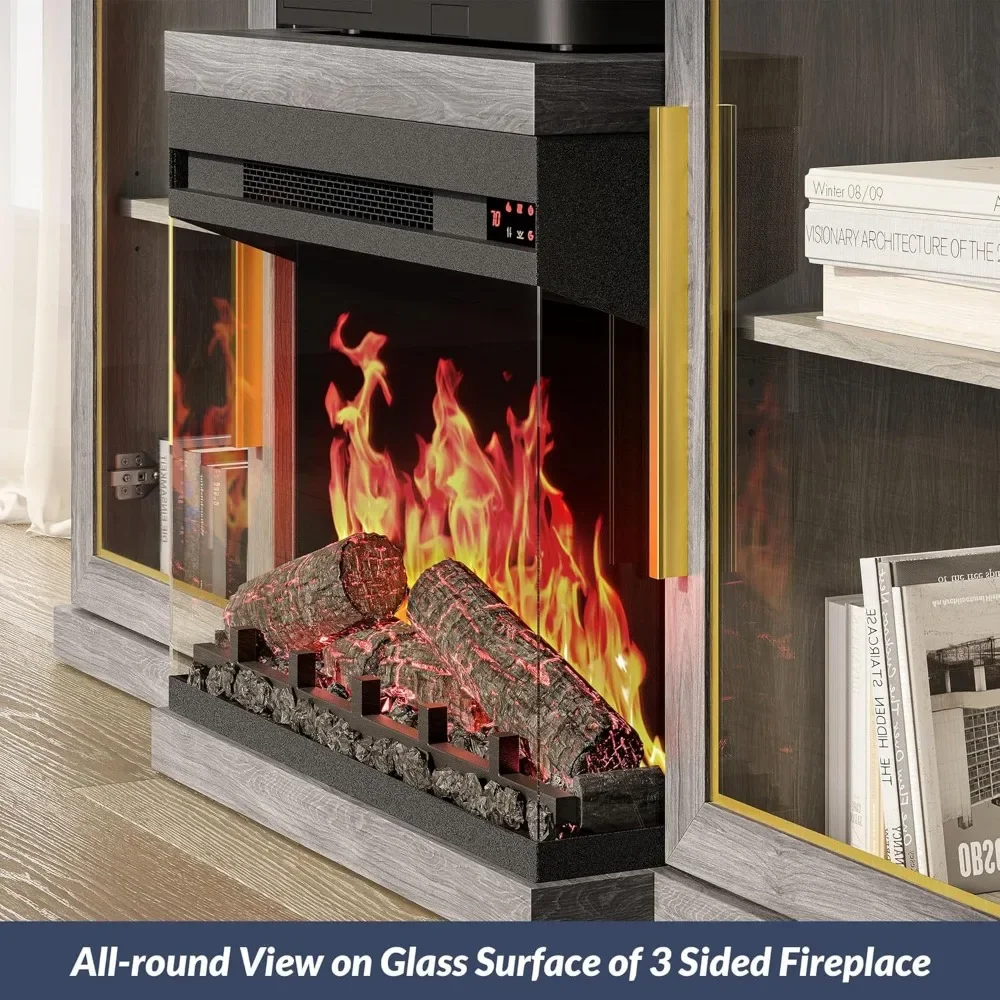 TV Stand with 23" Electric Fireplace Heater with Sound, Entertainment Center for TVs Up to, Glass Door Storage Cabinet 3