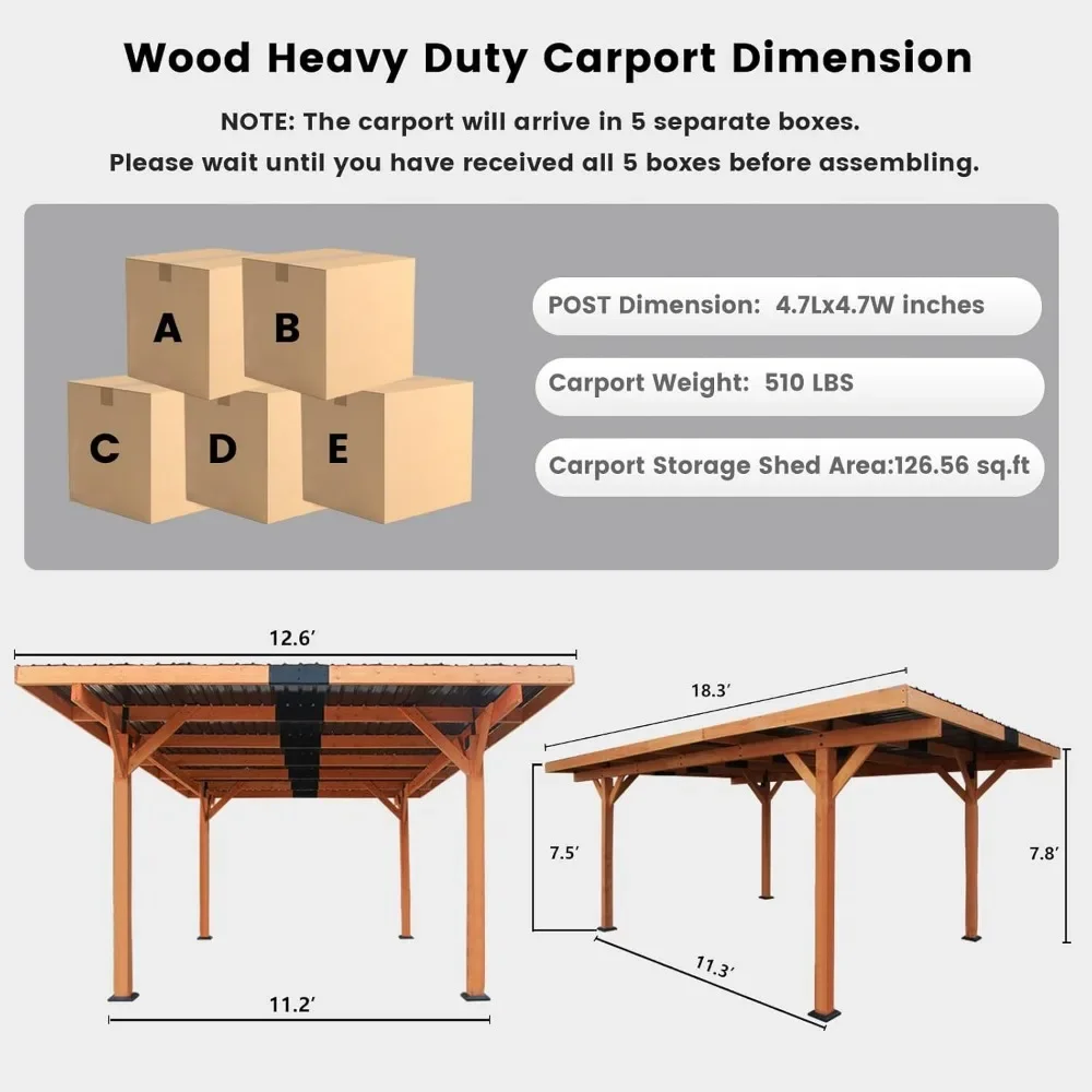 18.3 x 12.6 x 7.8 FT heavy-duty wooden carport, outdoor carport shelter with steel roof, hardtop pavilion for parking vehicles