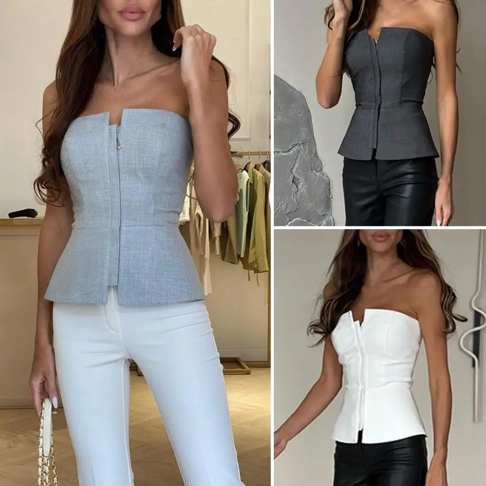 

Tight Tube Tops Stylish Women's Tube Tops Sleeveless Bandeau Party Tops with Zipper Placket Solid Color Streetwear for Any