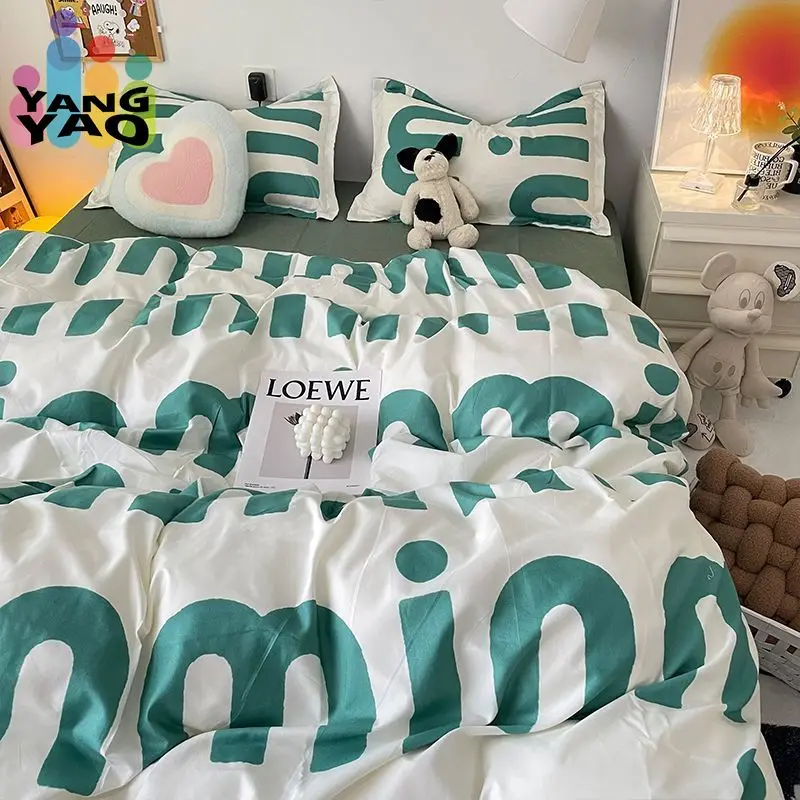 Korean Style Green Letter Bedding Set Twin Full Queen Size Bed Linen Girls Adult Bed Flat Sheet Pillowcase Kawaii Duvet Cover