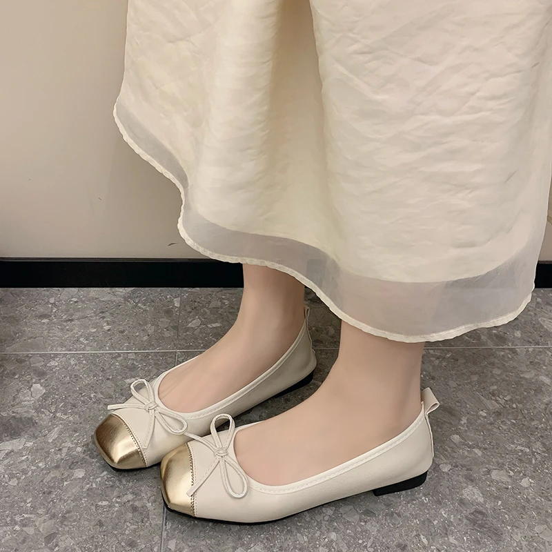 Aphixta Butterfly Knot Design Slip On Flats Soft Leather Shoes Shallow Solid Color Women Loafers  Square Toe Autumn Casual Shoes