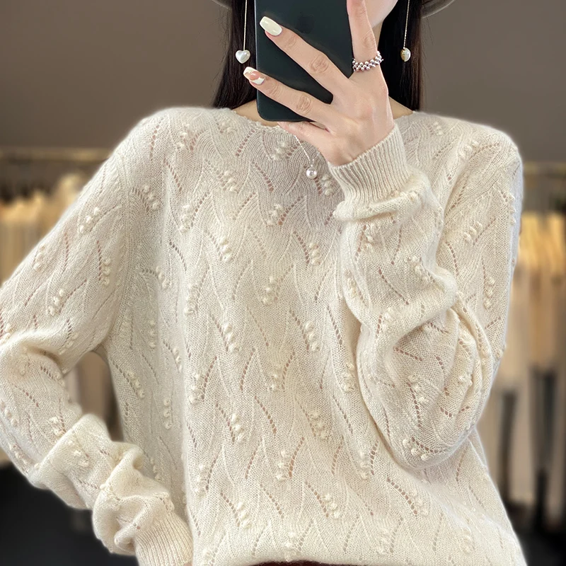 

100% pure wool sweater female knitted hollow round neck pullover spring and autumn fashion sexy loose cashmere sweater