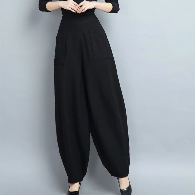 Autumn Winter Women's Elastic High Waist Solid Pocket Lantern Harlan Vacation Trousers Fashion Casual Office Lady Loose Pants