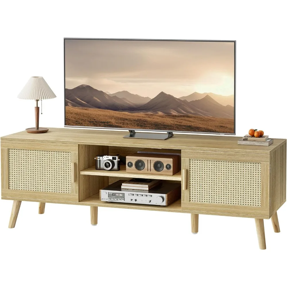 

TV Stand for 55 Inch TV, Entertainment Center,Rattan TV Console with 2 Cabinets, Media Console, Solid Wood Feet, for Living Room