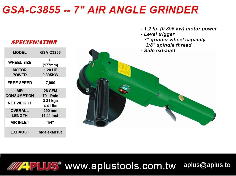 APLUS GSA-C0712 Air angle Grinder, 7" wheel size, 1.2hp, level trigger, 7,000rpm