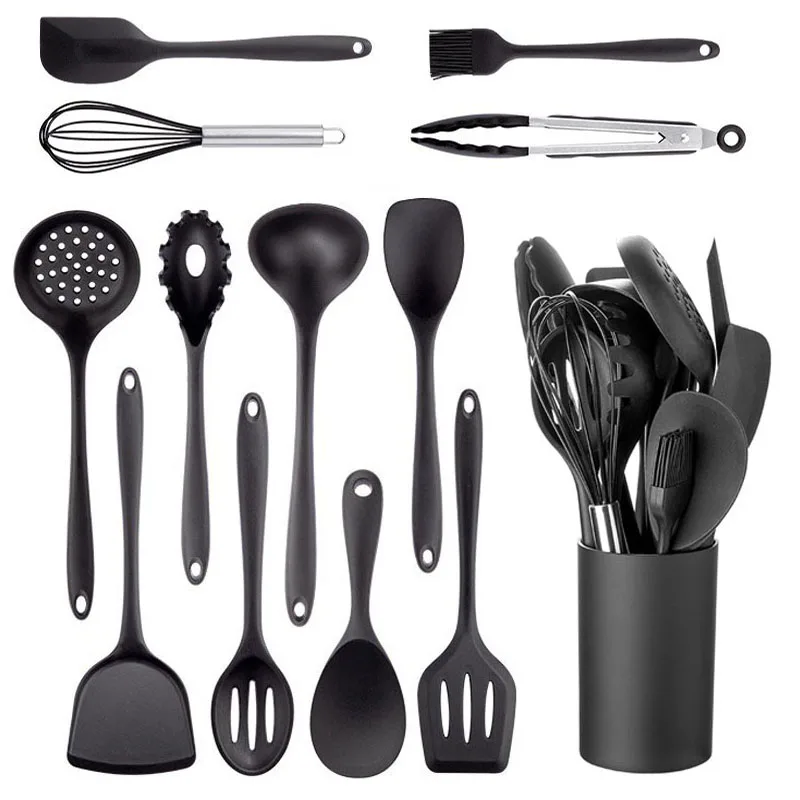 Non-Stick Black Cooking Kitchenware Tool Silicone Utensils Set Cookware Spatula Ladle Egg Beaters Shovel Kitchen Accessories