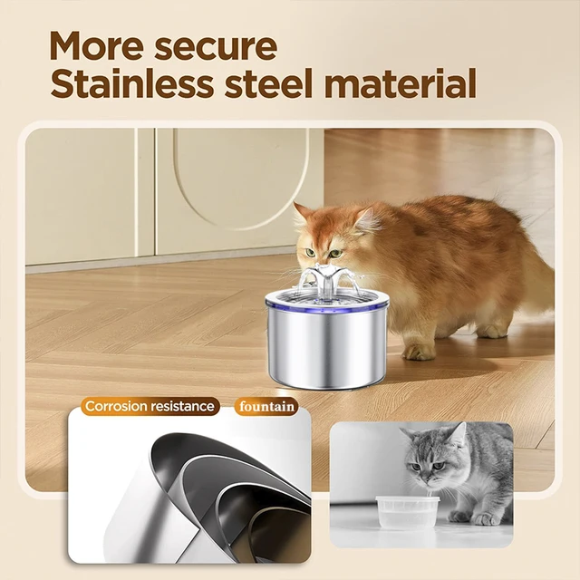 2.2L Pet Water Feeder With Transparent Window Silent Filter With Faucet Stainless Steel Automatic Dog Drinking Fountain 5