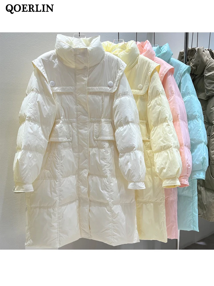 Qoerlin Chic Navy Collar Long Down Jacket Women Winter 2022 New