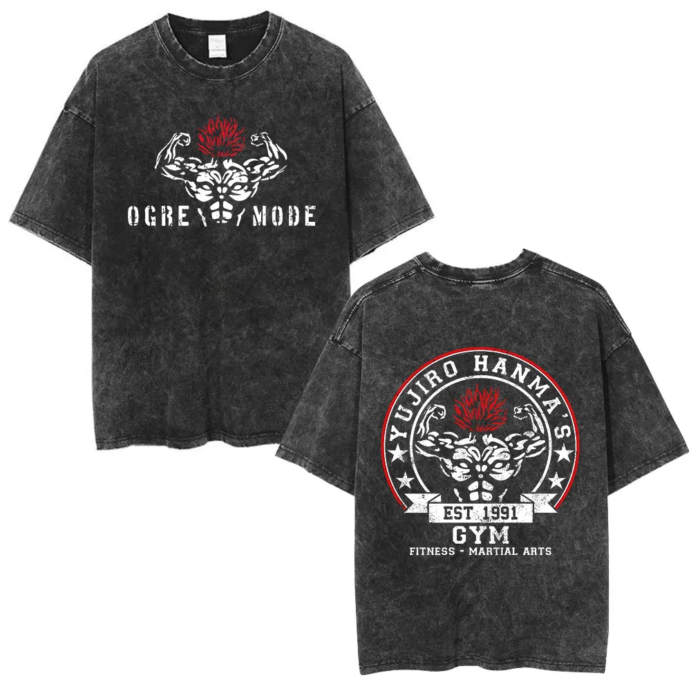 Vintage Washed T Shirt Anime Baki The Grappler T-shirt Hanma Yujiro Gym Short Sleeve T-shirts Oversized Cotton Casual Tee Shirt 3