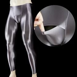 sexy men underwear gloss legging homme Yoga pants Shiny smooth Elephant Bulge Openning Tight elasticity pantyhose
