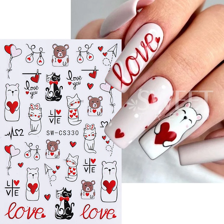 2pcs Valentine's Day Nail Stickers Cute Cat Love Heart Balloon Bear Letter Car Adhesive Nail Decals Manicure Decor Accessories