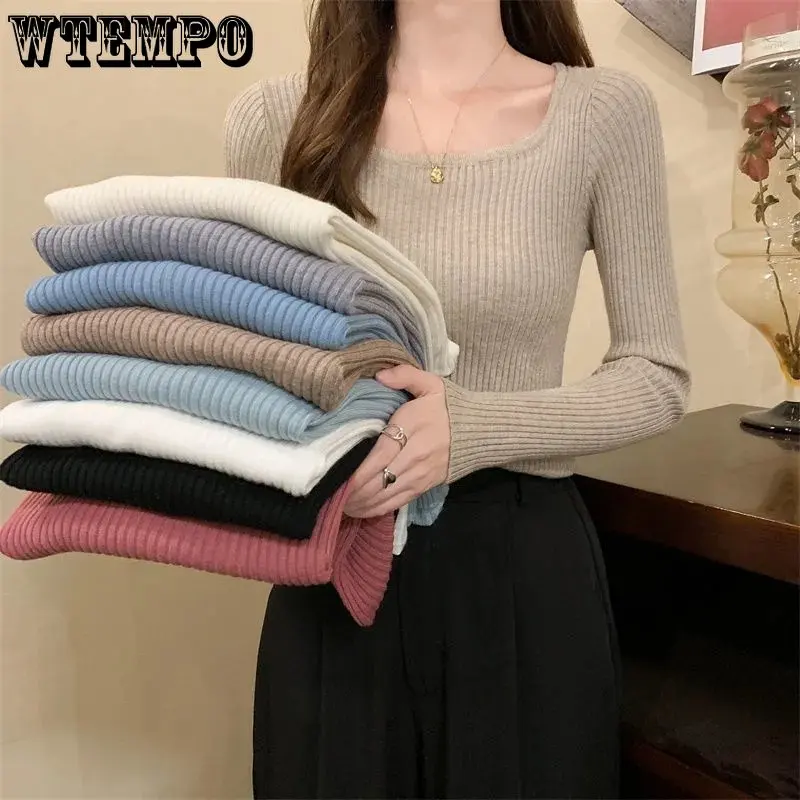 

WTEMPO Female Spring Autumn Long Sleeve Square Collar Knitted Pullovers Women's Casual Solid Slim Stretchy Bottoming Sweaters