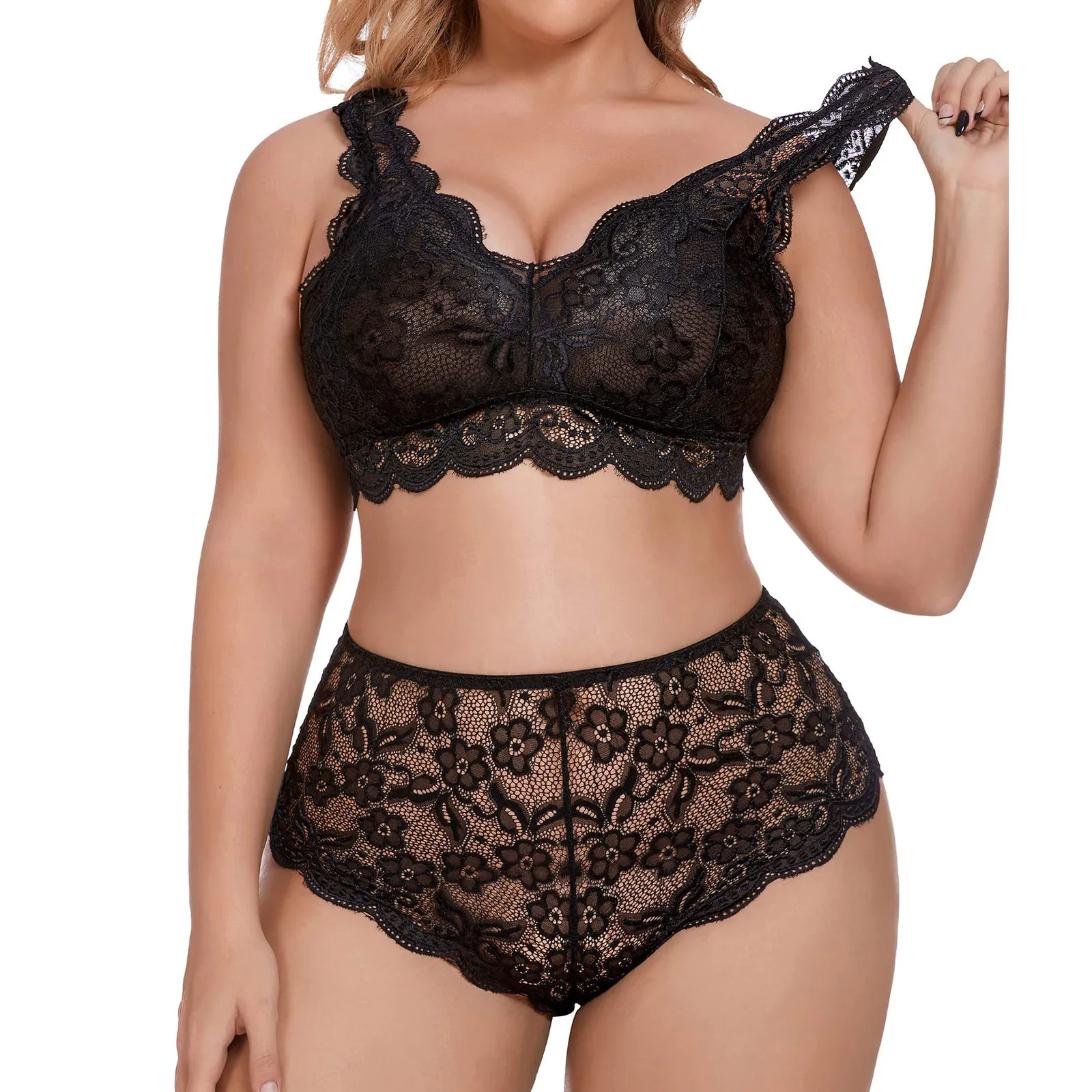 

Lace Floral Lingerie Set for Women Sexy Choker Strappy Bra and Panty 2 Piece Underwear Set See Through Sleepwear