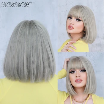 NAMM Ash Blonde Color Short Bob Wigs Women Synthetic Wigs with Bangs Female Cosplay Hair Heat Resistant Straight Natural Wigs 3