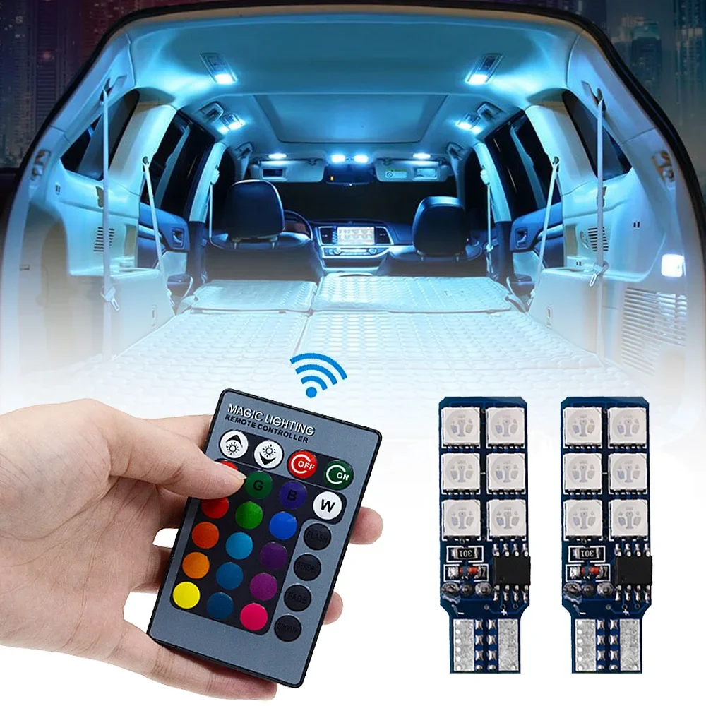 2pcs Auto Interior Decoration Lamp T10 W5W 5050 Atmosphere Car Light RGB 12LED Blub Dome Roof Reading Trunk Door Welcome Lantern