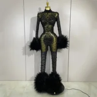 STOCK Luxury Diamond Black Mesh Transparent Stretchy Long Sleeve Jumpsuit Women Sexy Performance Singer Costume Nightclub Outfit