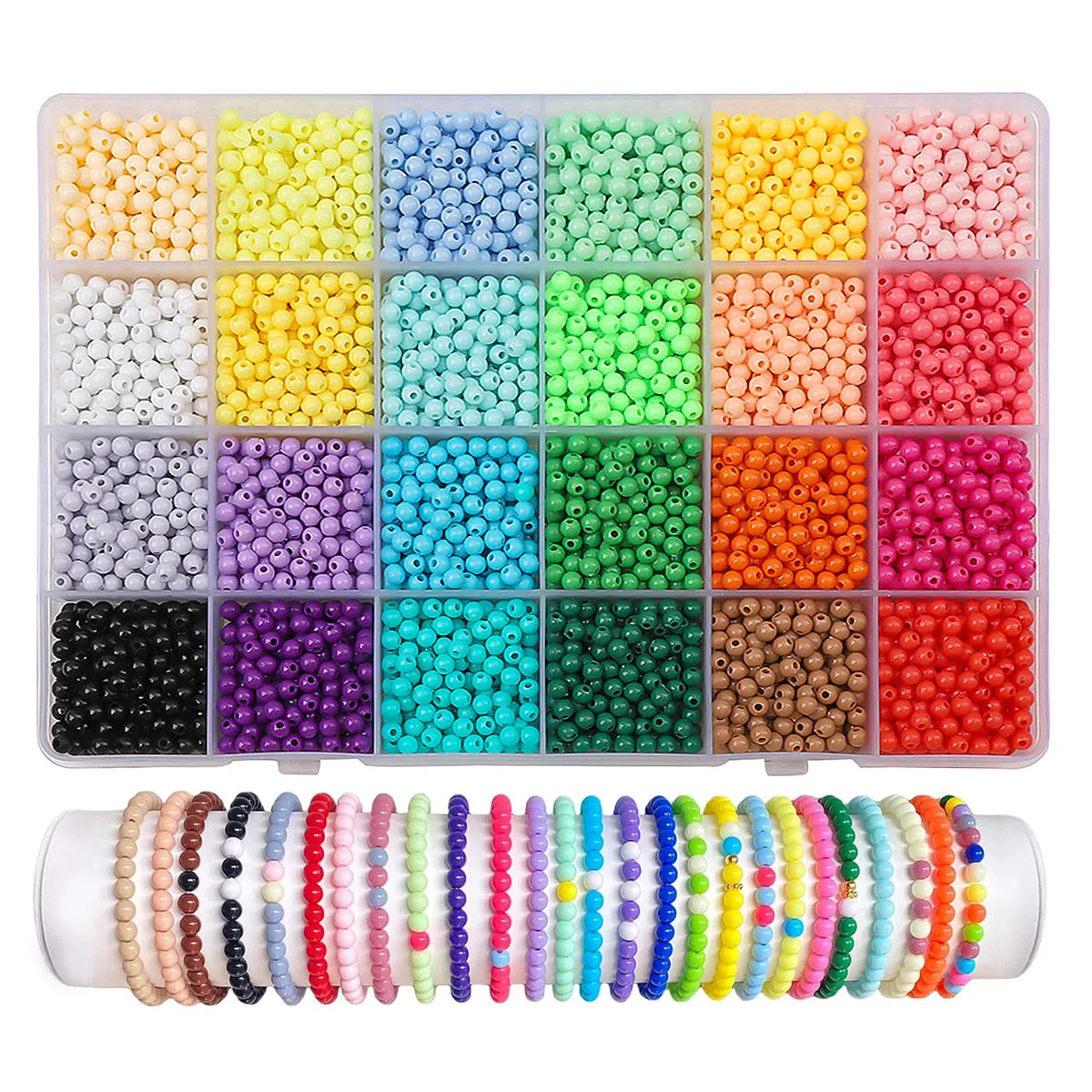 3600개입 캔디 컬러 아크릴 비즈 키트 24칸 4mm 솔리드 컬러 비즈 세트 박스, DIY 쥬얼리 팔찌 목걸이 제작용 수공예 재료