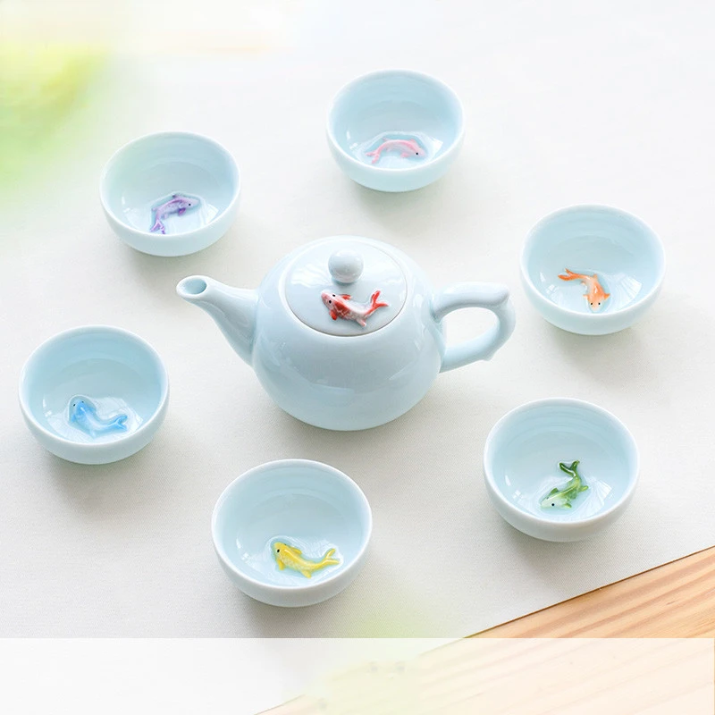 Creative Ceramic Small Fish Teacup Set Portable Tea Pot and Cup Set Chinese Tea Ceremony Supplies Customized Teaware Gifts