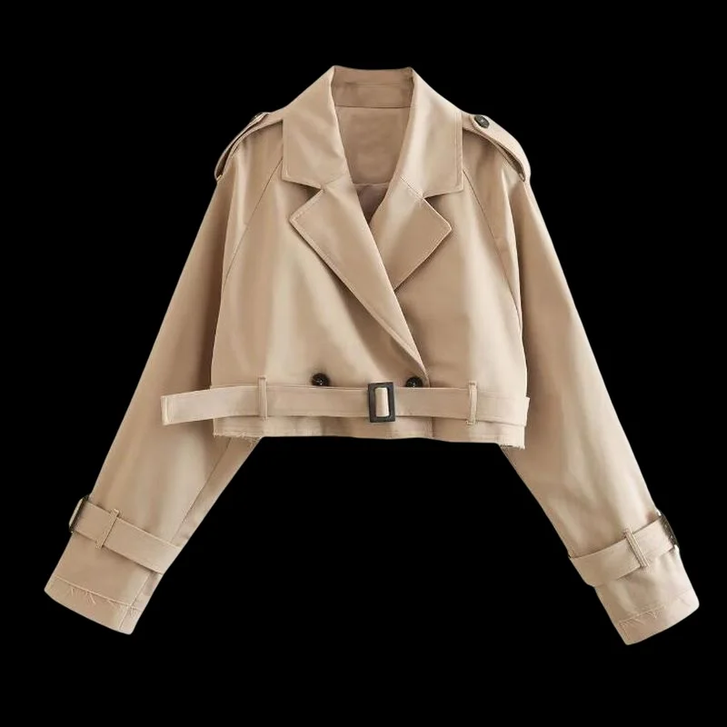 

Women's Short Trench Khaki Cloth Lapel Collar Jackets Coat With Belt Single Button Jacket Streetwear Trenchs Coat