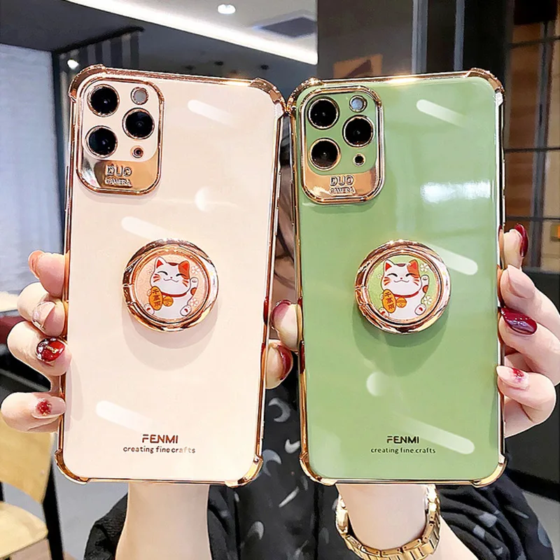 Luxury Glitter Electroplated Lucky Cat Bracket Phone Case For iPhone 13 12 11 Pro Max X XR XS Cover 7 8 Plus SE2 | Мобильные