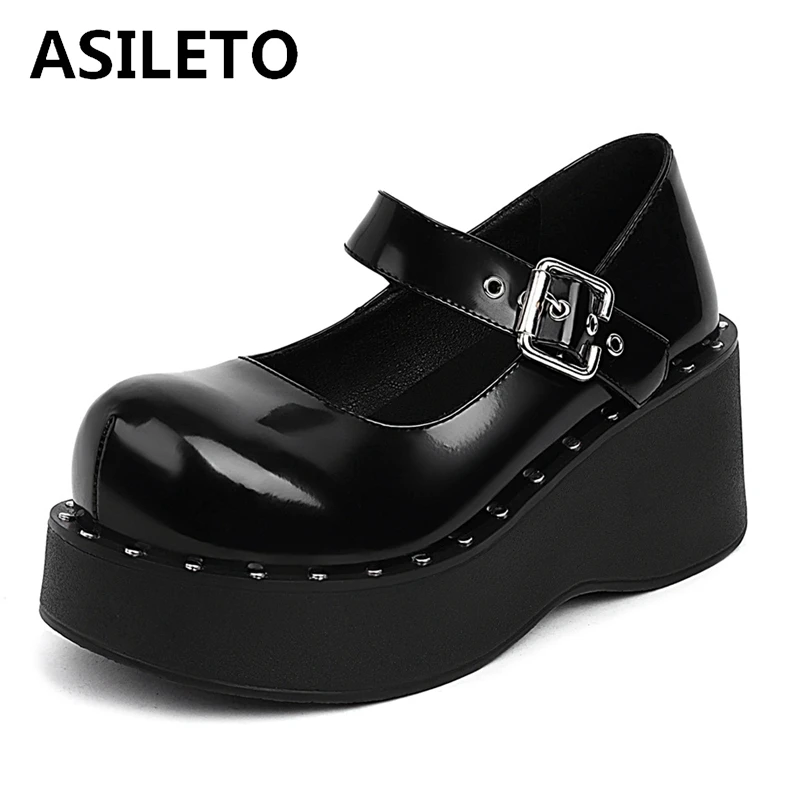 

ASILETO Girls Pumps Round Toe Wedges High Heel 6.5cm Platform Buckle Strap Big Size 41 42 43 School Student Daily Casual Shoes