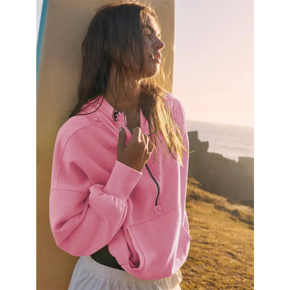 alo Women's Solid Hoodies Autumn Lazy Style Zip Up Loose Hoodie Fashion Sportswear Jogger Clothing Hooded Tops Casual Sweatshirt