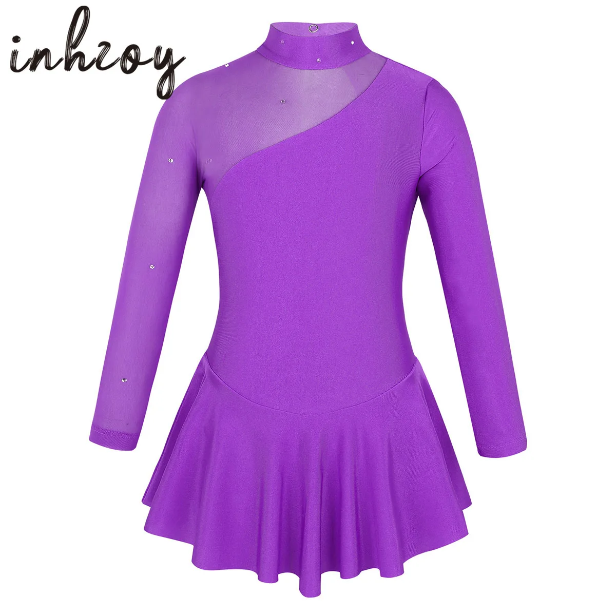 Kids Girls Rhythmic Gymnastics Leotard Dress Long Sleeves Mock Neck Tulle Splice Cutouts Figure Ice Skating Dress Dance Clothes ballet leotard dance leotard girls dance costumes