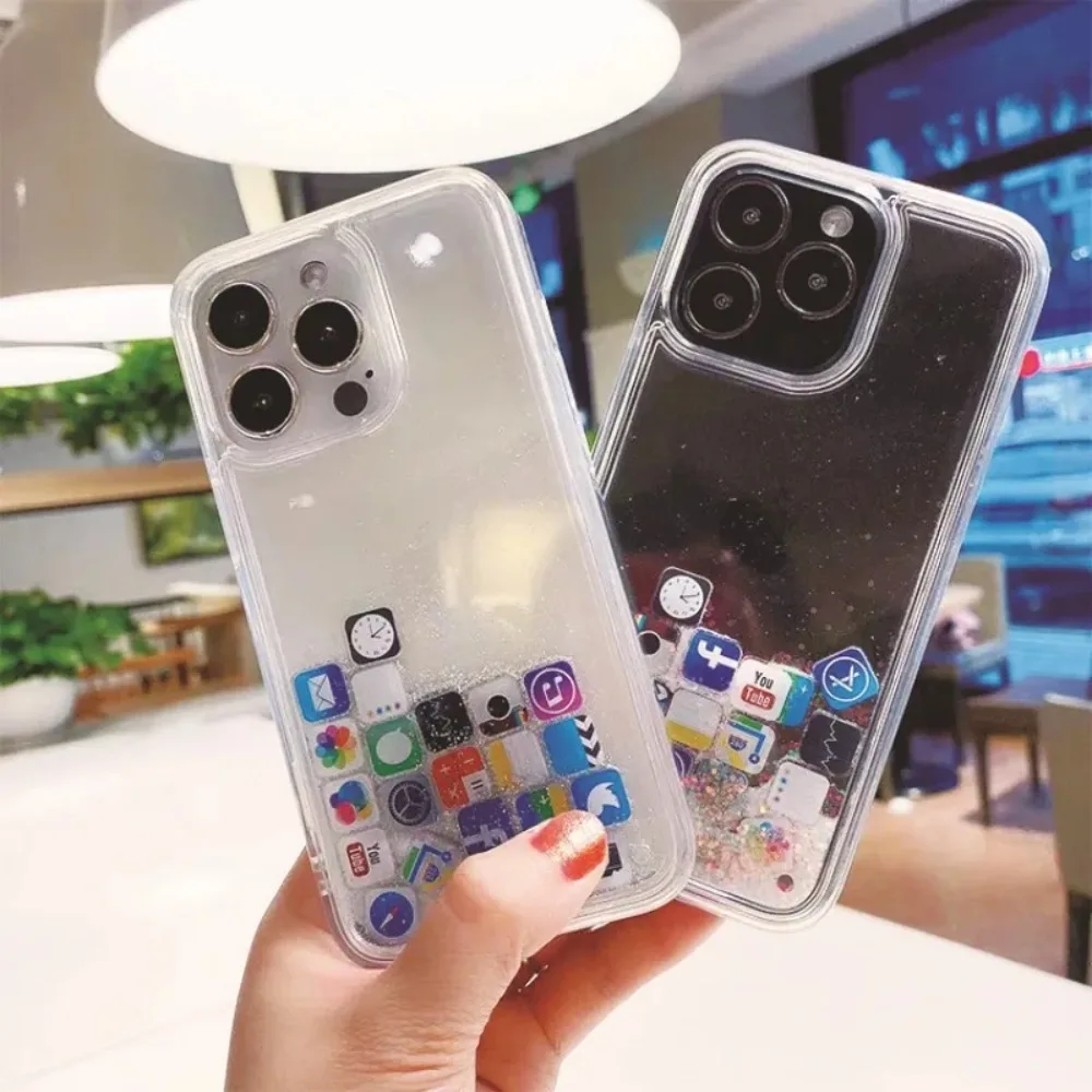 Icone Della Moda Figuras Cover Per Iphone 14 Pro Max Case Coque Per Iphone 11 12 13 Pro Max Mini Glitter Liquid Quicksand Hull