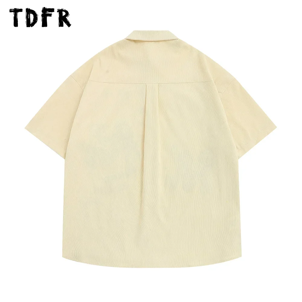Mens Cartoon Embroidery Cargo Shirts Summer Retro Casual Streetwear Lapel Single Breasted Short Sleeve