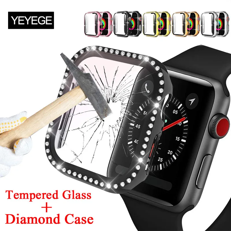 

Алмазный чехол + закаленное стекло для защиты экрана для Apple Watch 38 мм 42 мм 40 мм 44 мм, чехол-бампер для iWatch серии 8 7 45 мм 41 мм