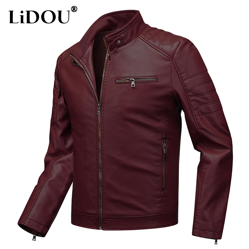 Autumn Winter New Solid Color High Street Stand Collar Faux Leather Man High Street Long Sleeve Zipper Pockets Thicken Warm Coat