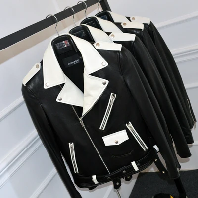 Motorcycle black and white leather jacket, Korean version, leather jacket, lovers fashion jacket