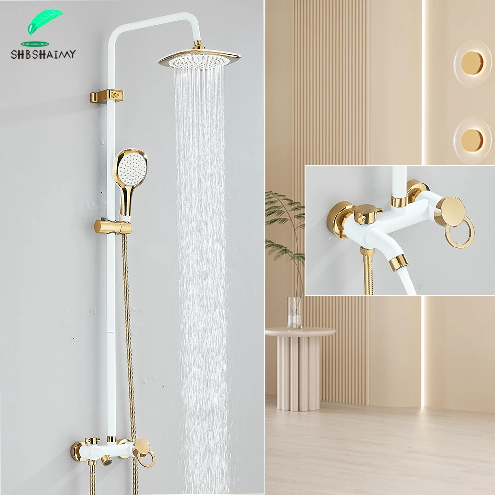 สีขาวทองฝักบัวระบบหรูหราติดผนังฝักบัวอาบน้ําชุดเต็มพร้อมฝักบัวสายฝนฝักบัวอาบน้ําสําหรับอ่างอาบน้ํา 3 ทิศทางก๊อกน้ํา TAP 1