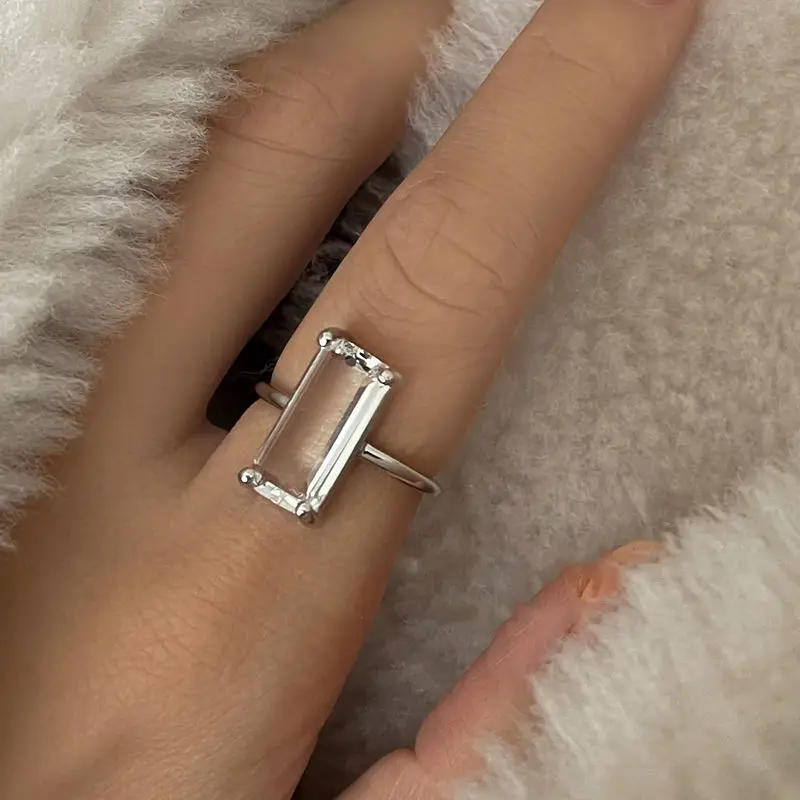 Silver Ring Inspired design transparent rectangular opening adjustable ring for French luxury ladies banquet engagement