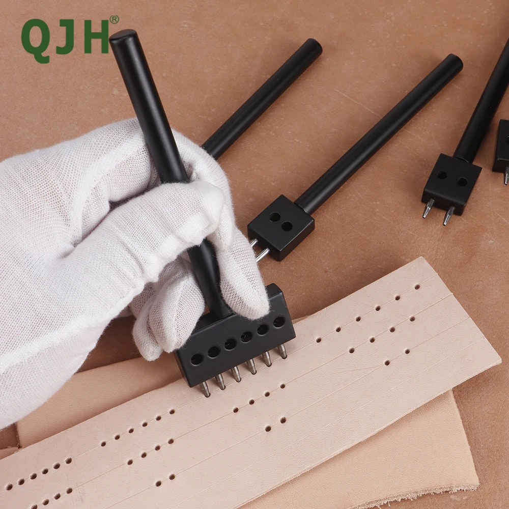 Leather Punch Tool 1-Set Leather Round Hollow Stitching Hole Punch Cutter 4/5/6mm Spacing-2/4/6 Hole for DIY Belts Canvas Paper Plastics