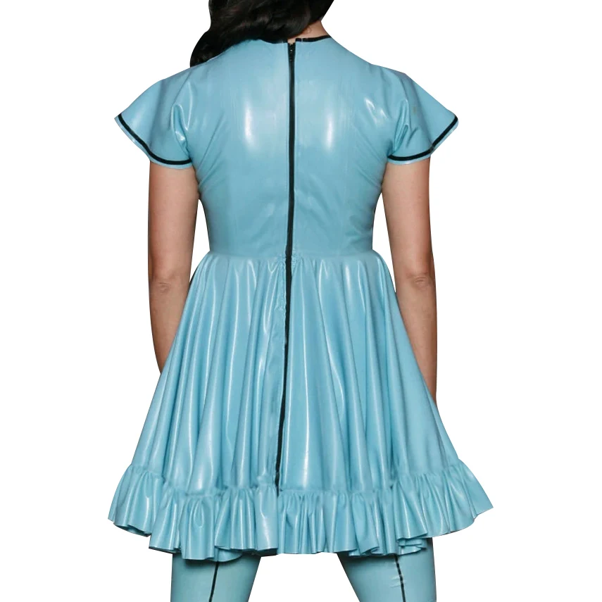 Lake Blue Sexy Latex Dresses With Circular Cap Sleeves Full Zipper Ruffles  At Bottom Rubber Bodycon Playsuit LYQ-0374 - AliExpress 200000532