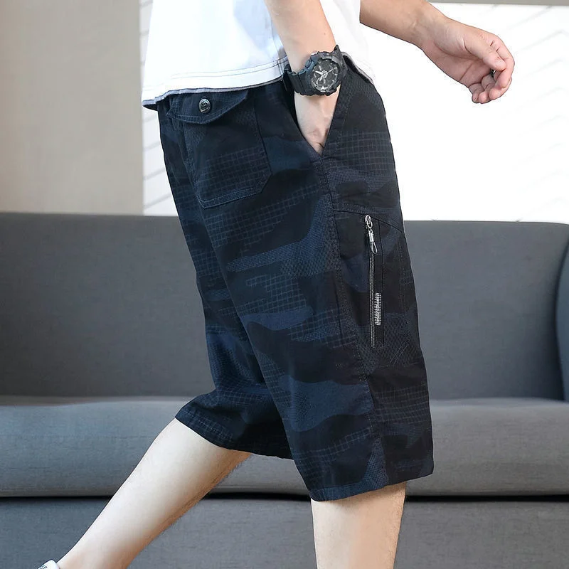 

With Pockets Men's Cargo Shorts Long Half Zipper Male Bermuda Short Pants Camo Camouflage Black Nylon Harajuku Loose Luxury Wide