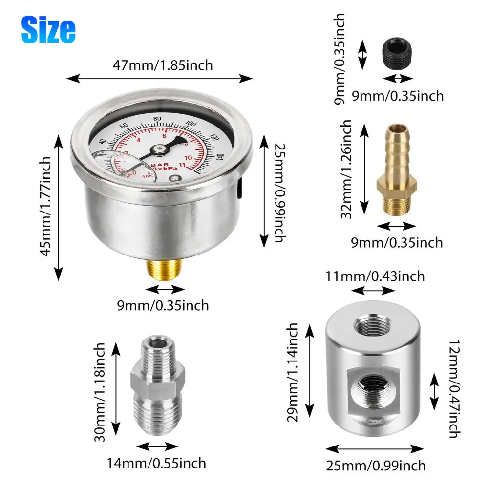 0-160 Psi Universal Fuel Pressure Regulator Gauge With 1/8 NPT 3-way Adapter Kit Compatible For 1989-2000 Eagle Talon