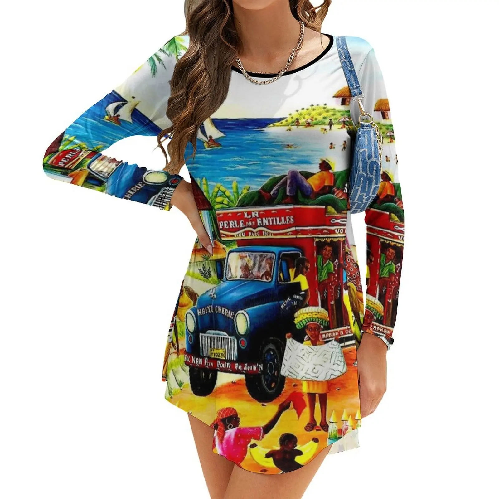 

HAITI : Vintage Travel and Tourism Advertising Print Long-Sleeve Dress womans clothing purple dress Long dress