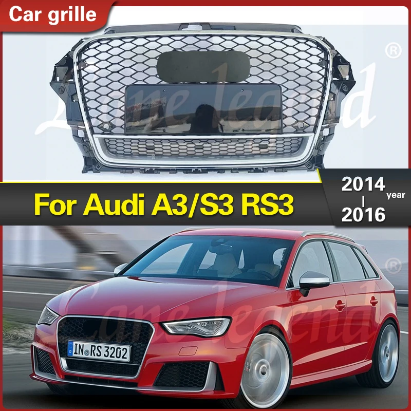 

for Audi A3/S3 8V 2014 2015 2016 Honeycomb Grill Mesh Black and Silver for RS3 Quattro Style Hex Mesh Front Bumper Hood Grille